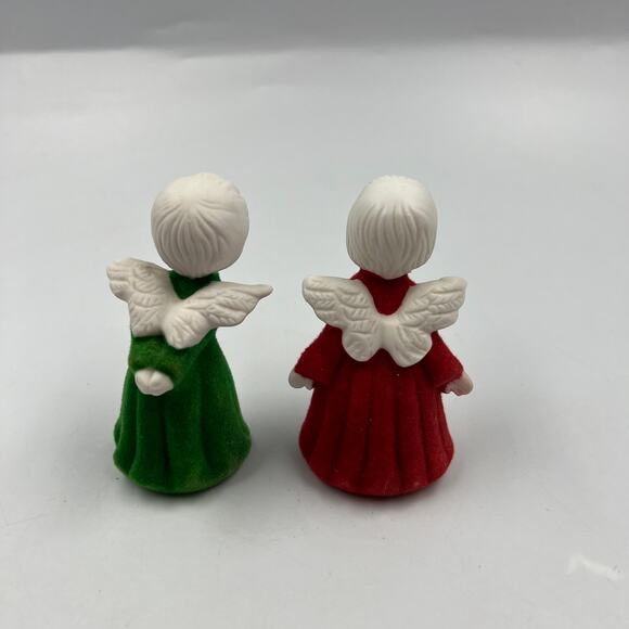 Vintage Set Flocked Kissing Angels Green Red Ceramic Holiday Christmas Figurines - Picture 6 of 7